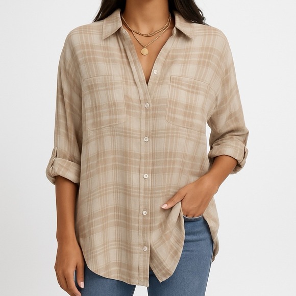 American Eagle Linen Blend Plaid Button Up Shirt Peach Tan White Small Oversized - Picture 1 of 10